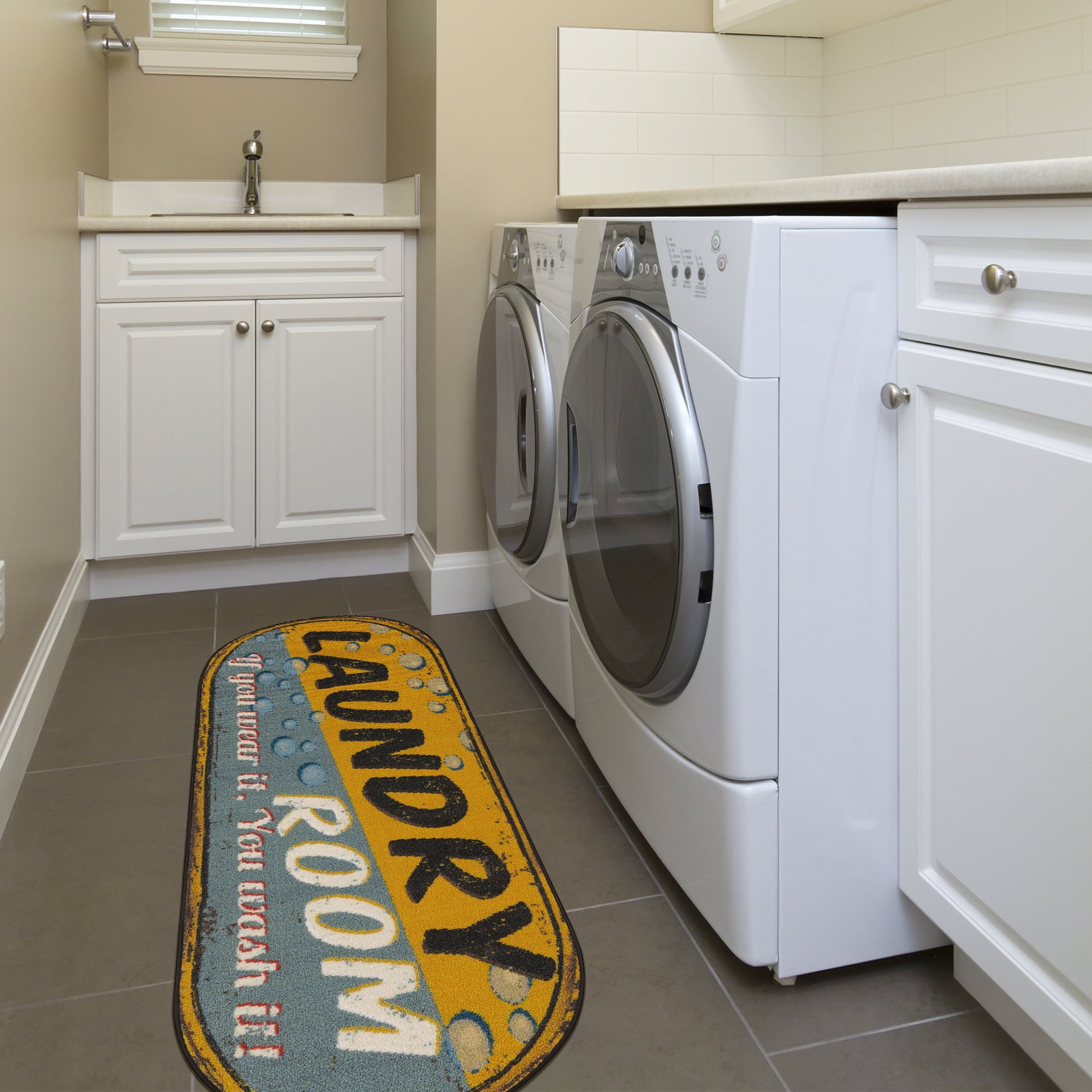 Ottomanson Non-Slip Rubberback Text 2x5 Laundry Room Runner Rug, 20" x 59" Oval, Yellow/Gray