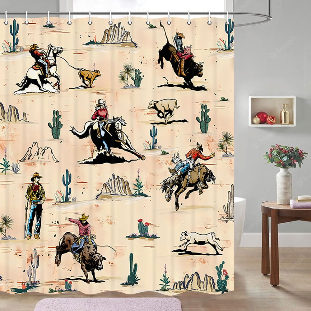 Western Shower Curtain, Farmhouse Country American West Western Shower Curatain, Wild West Cowboy Horse Bathroom Accessories Set with Hooks, 72X72inch, Brown