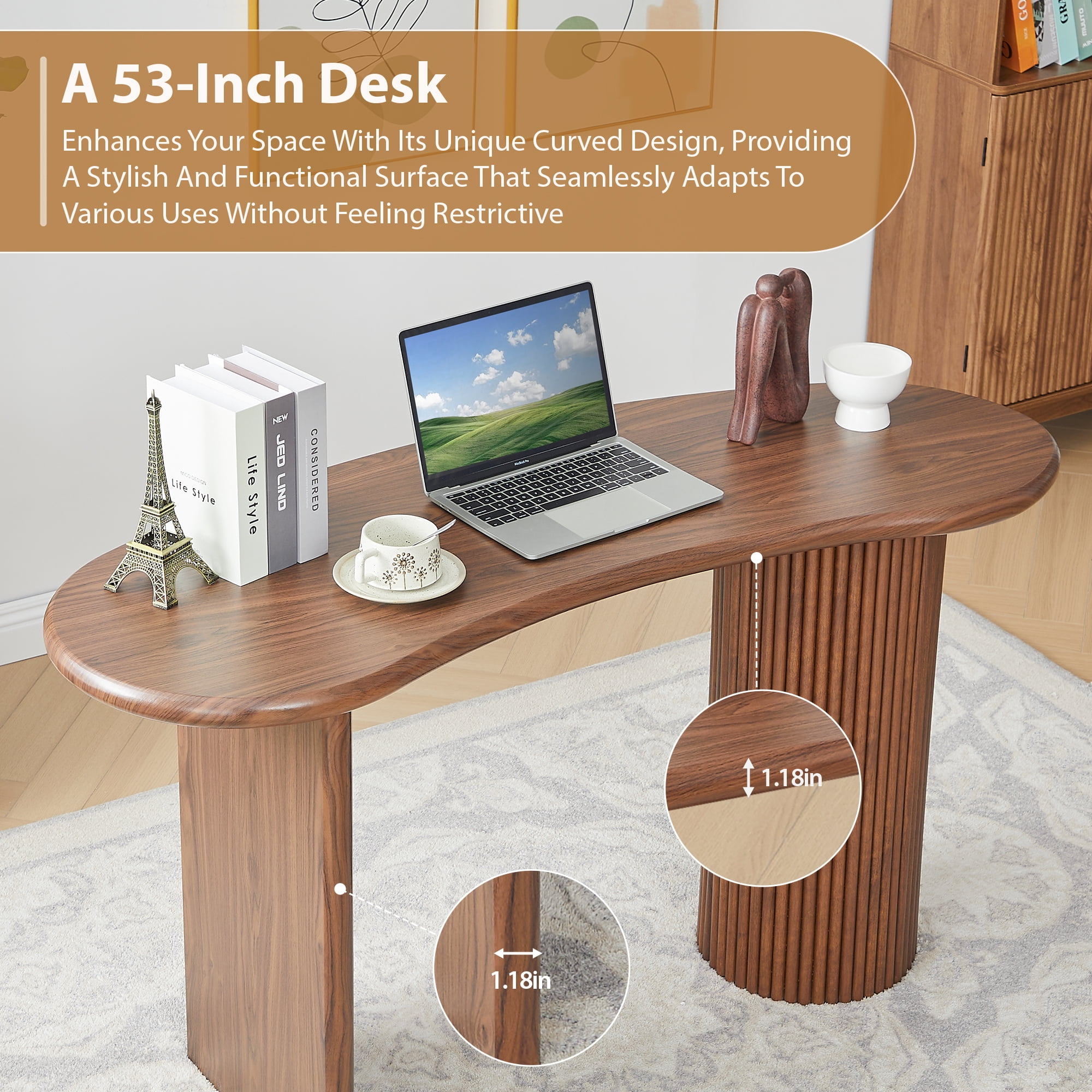 Wirrytor 53 Inch Curved Desk with Fluted Legs, Oval Small Computer Desk for Bedroom Corner, Modern Home Office Writing Vanity Table for Kids and Adults, Space Saving Corner Study Desk Unit