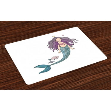 Ambesonne Cartoon Place Mats Set of 4, Mermaid Cartoon, Standard Size, Violet Blue and Beige
