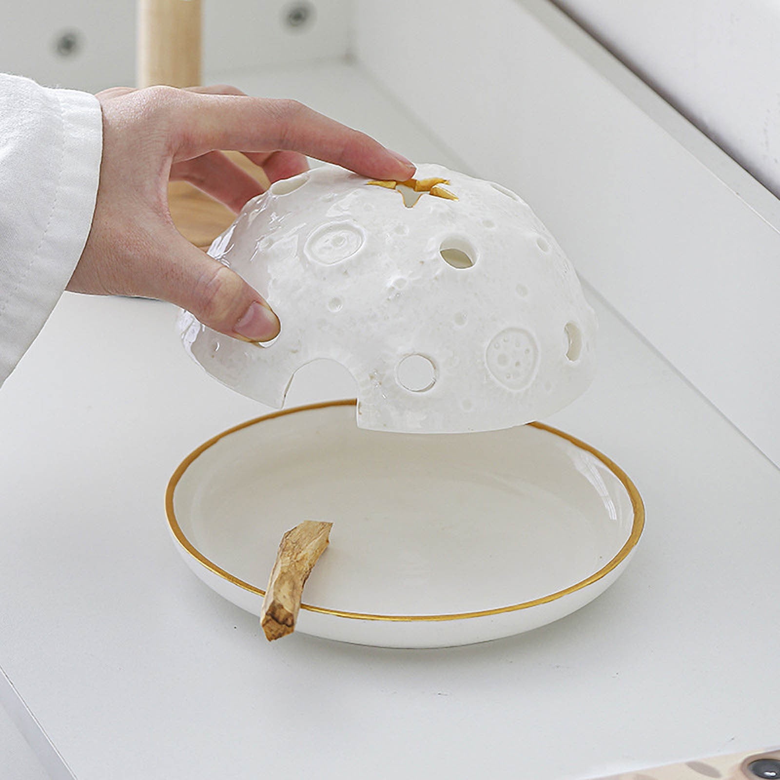 Moon Surface Ceramic Palo Santo Holder, 2-in-1 Incense Burner & Ash Catcher with Gold Rim, 5.98in