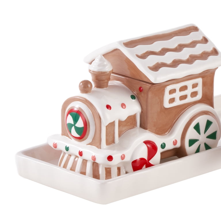 Holiday Time Ceramic Train Treat Jars with Base, Set of 2