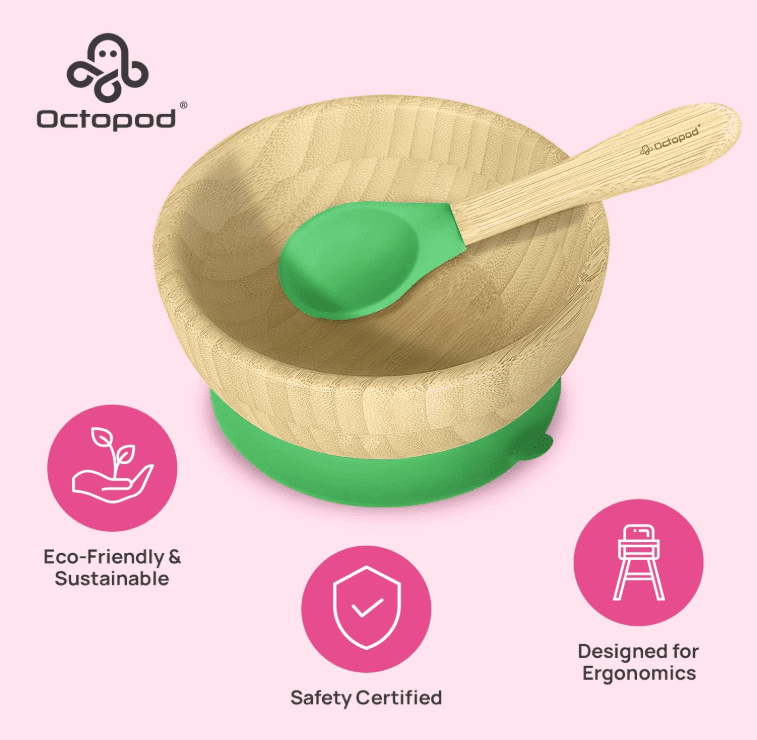 Abiie Octopod Bamboo Suction Bowl -  Baby Bowl with Suction for 4 months and up, High-Chair Bamboo Baby Plate, Mess-Free Toddler Suction Plates, Ergonomic Baby Feeding Supplies - (Green)