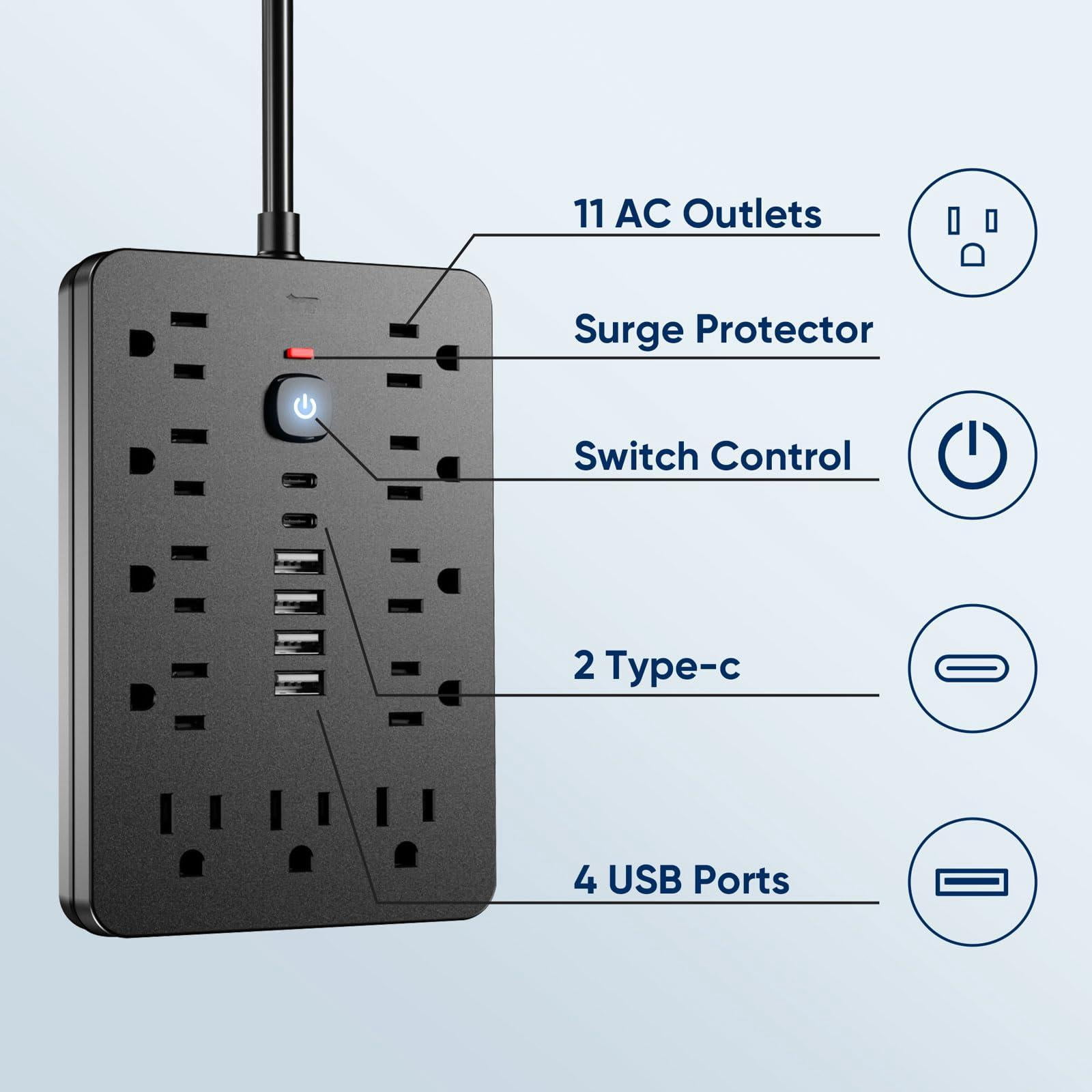2pcs 6 Ft Flat Plug Surge Protector Power Strip 11 Multiple Ac Outlets With 6 Usb Ports (2 C)  6 Feet Extension Cord 1250w/10a One Touch Button 17 In 1 Compact Powerstrip