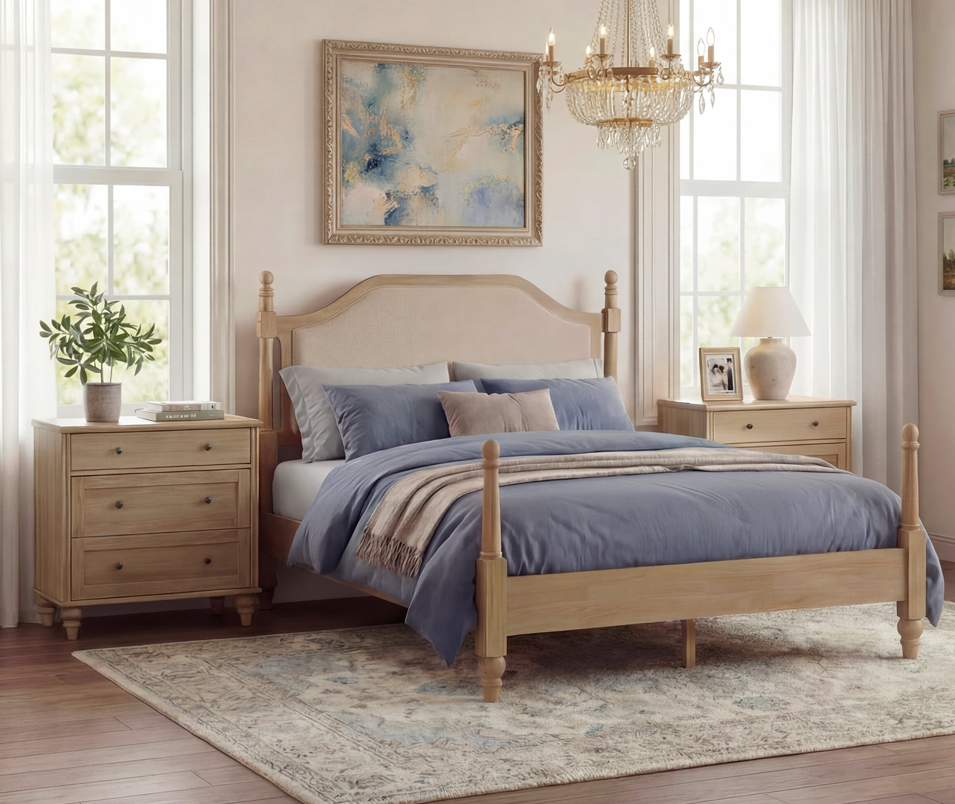 3-Piece Queen Bedroom Set, Wood Platform Bed Frame with Upholstered Headboard & 2 Storage Nightstands, Oak