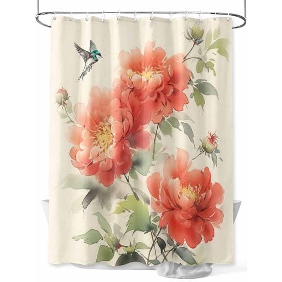 Orange Spring Floral Long Shower Curtain Set, Waterproof Shower Curtains for Bathroom, Watercolor Summer Botanical Birds Washable Fabric Cloth Bath Curtain for Bathtub with Hooks 72x84 Inches