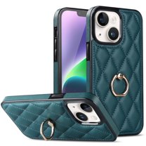 Dteck Case for iPhone 13 6.1-inch,Shockproof Leather Grid Case 360°Rotatable Ring Holder Kickstand Hybrid Rubber Cover,Darkgreen