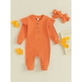 thumbnail image 2 of CIYCuIT Baby Girl Casual Footless Jumpsuit Solid Color Long Sleeve Button Rompers with Bow Headband Newborn Infant Cute Bodysuit Fall Daily Clothes 3M 6M 12M, 2 of 9