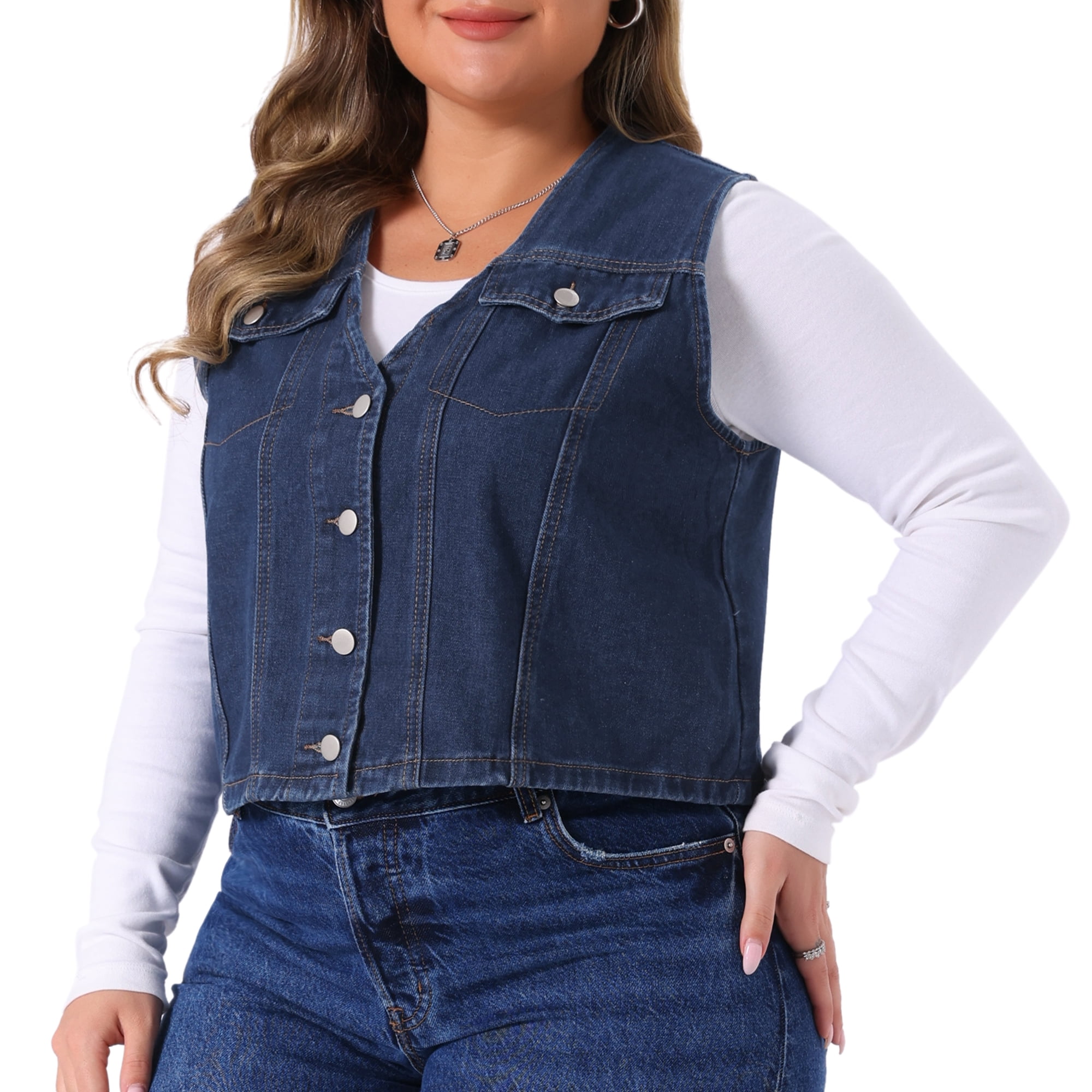 DARING DIVA Women's Plus Size V Neck Button Down Casual Denim Vest 1X Dark Blue