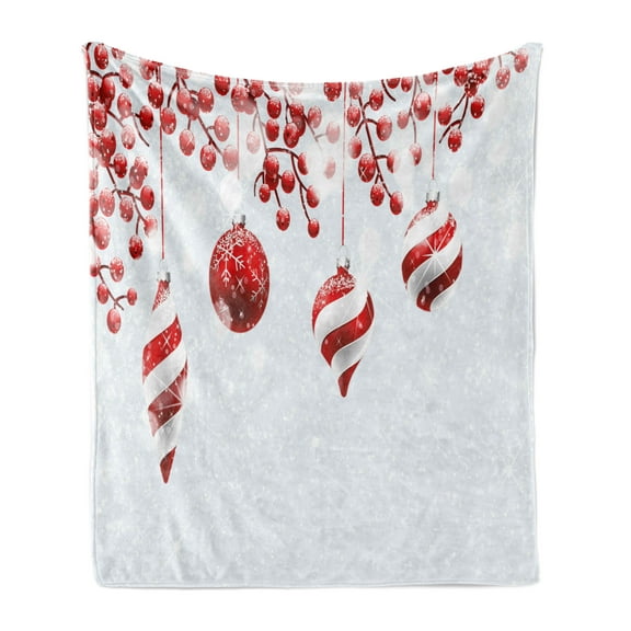 Christmas Soft Flannel Fleece Throw Blanket, Traditional Design Holly Berry Branches Snow and Bokeh Effect Print, Cozy Plush for Indoor and Outdoor Use, 50" x 70", Red White, by Ambesonne