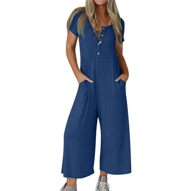 AherBiu Wide Leg Jumpsuits for Women Short Sleeve Half Button Crewneck Comfy Rompers with Pockets