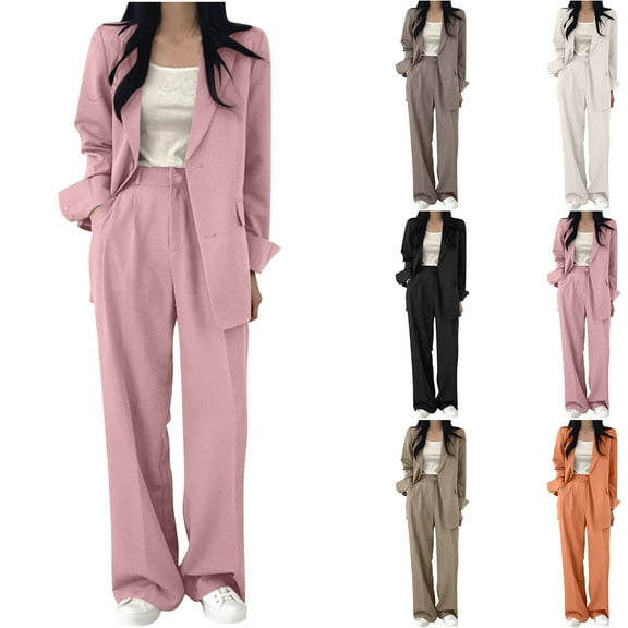 FRSASU Women's Temperament Commuting Suits Blazer Pants Set Lapel Button Business Casual Outfits for Work Professional Pink XL(XL)