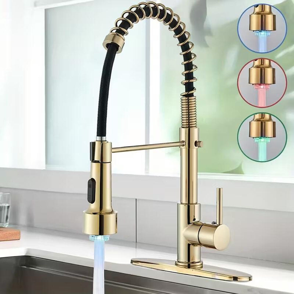 Brushed Gold led Kitchen Sink Faucet Single Handle w/Pull Down Sprayer LED Mixer Tap w/cover plate