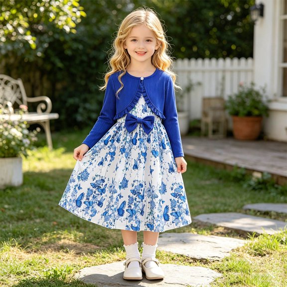 Angala 2 Piece Outfits For Girls Crew Neck Sleeveless Floral Pattern Dress With Solid Knit Cardigan Set Girls Fall Season Wear Clothes