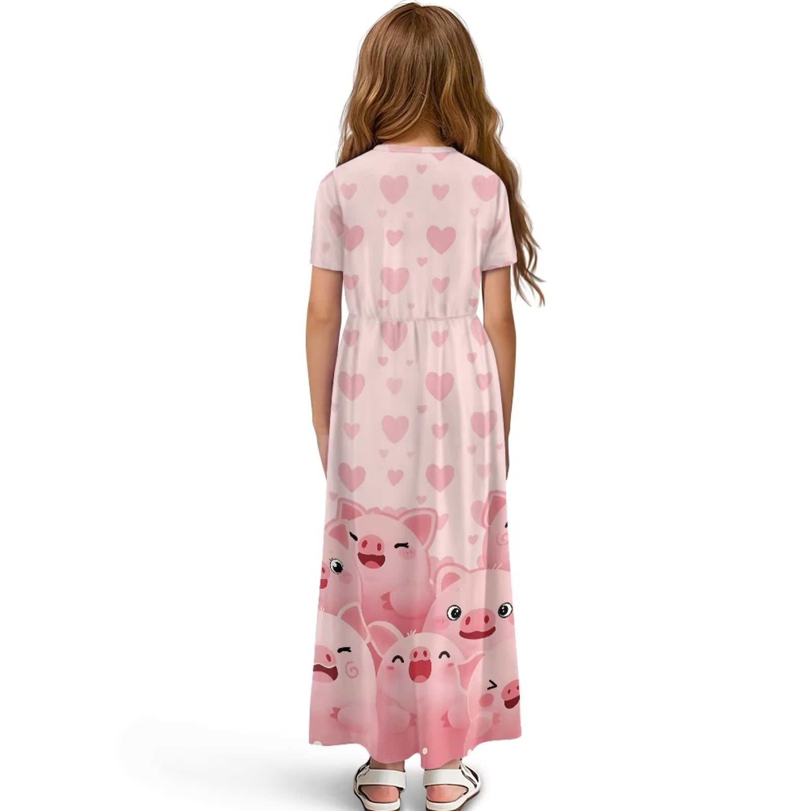 Uourmeti Girl's Short Sleeve Dress Cartoon Pig Hearts Print Round Neck Loose Casual Long Maxi Dress with Pockets Flowy Cute Outfits, Size 5-6 Years