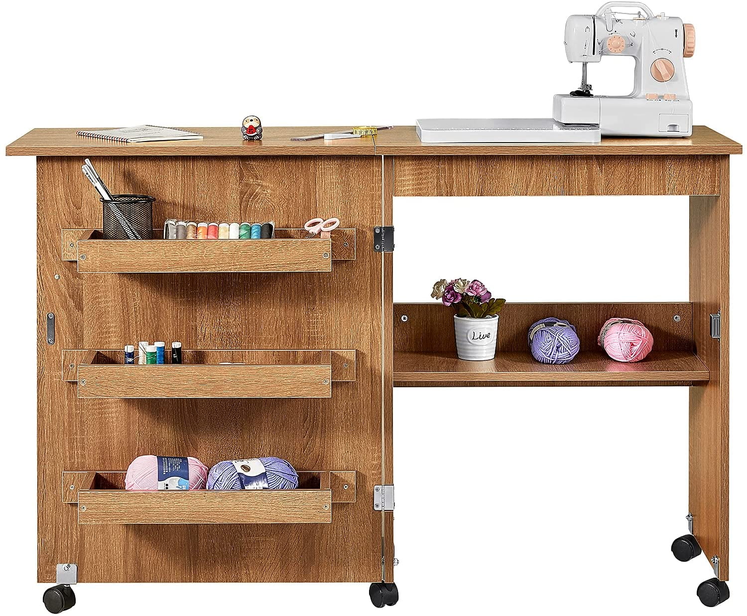 White Folding Sewing Table Multifunctional Sewing Machine Cart Table Sewing Craft Cabinet with Storage Shelves Portable Rolling Sewing Desk Computer Desk with Lockable Casters 