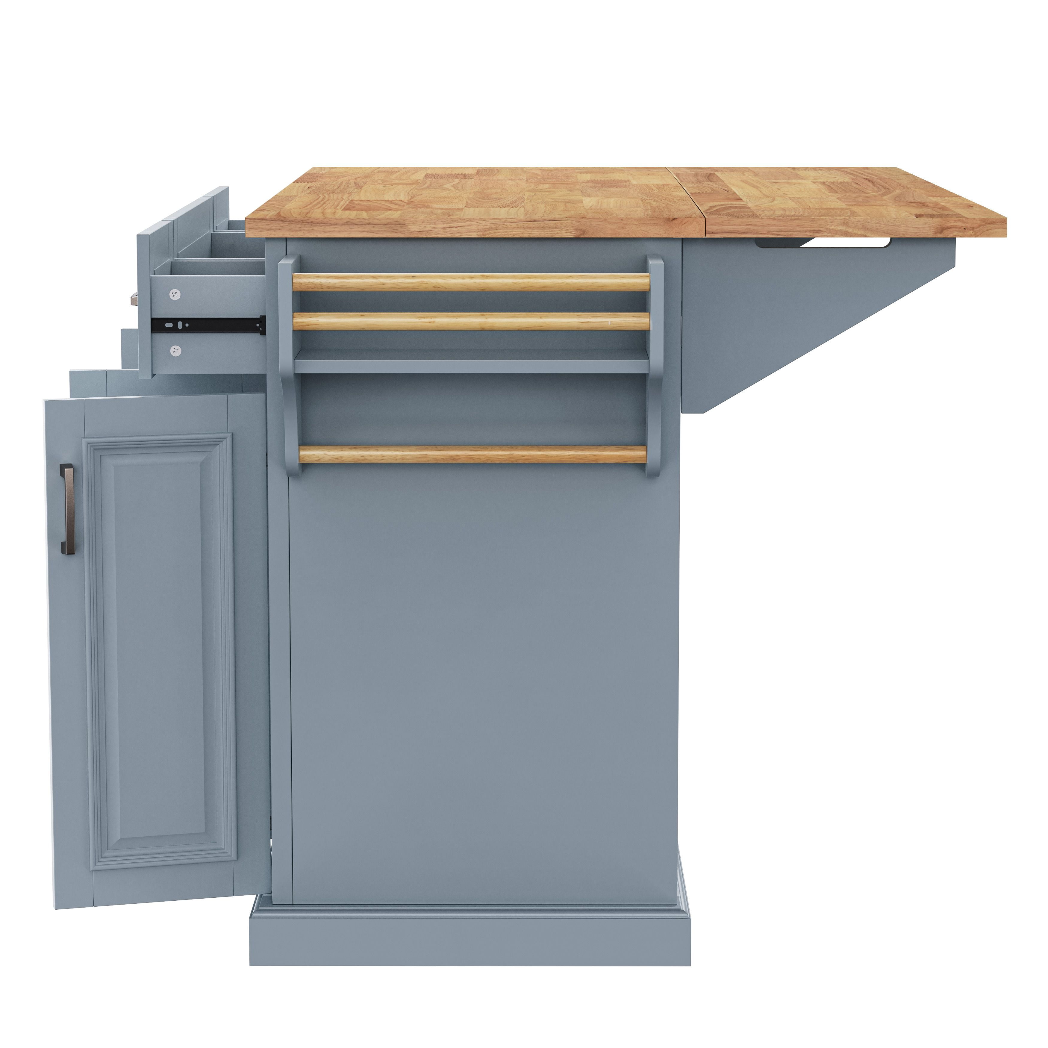 54" Large Kitchen Island On Wheels with Rubber Wood Drop Leaf, Rolling Island Cart on 4 Wheels with 4 Doors and 3 Drawers, Kitchen Island with Storage, Gray+Blue