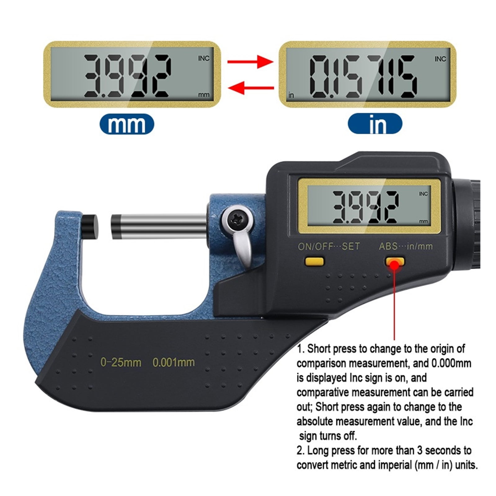 0-25mm 0.001mm Steel Electronic Outside Digital Micrometer Screw Large LCD Screen Digital Vernier Micrometer Caliper Gauge