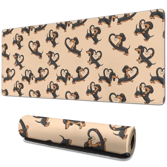 31.5x11.8 Inch Gaming Mouse Pad, Non-Slip Stitched Rubber Desk Mat for Desktop & Laptop,Dachshund Heart Beige Pattern