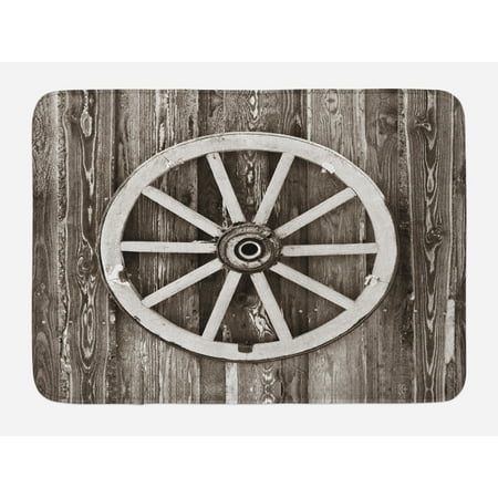 Village Circle - Barn Wood Wagon Wheel Bath Mat, Retro Wheel on Timber Wall Barn House Village Cart Circle, Non-Slip Plush Mat Bathroom Kitchen Laundry Room Decor, 29.5 X 17.5 Inches, Dark Brown and White, Ambesonne