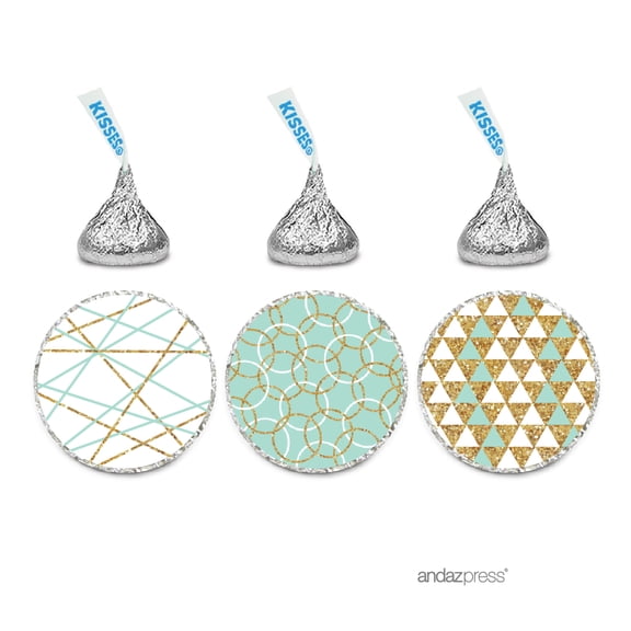 Signature Light Aqua, White, Gold Glittering Party, Chocolate Drop Labels Stickers, Patterns, 216-Pack