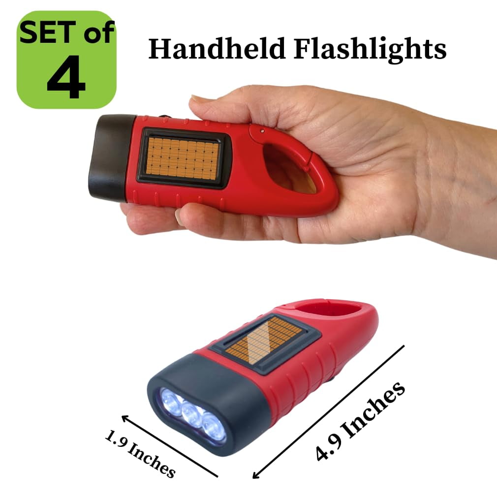 Evelots Hand Crank Solar Powered Flashlights ( 4 Pack ) Rechargeable Emergency Survival Flashlight for Camping , Car - Easy 3 LED Bright Light for Hiking , Outdoor Sports , Home Power Outage