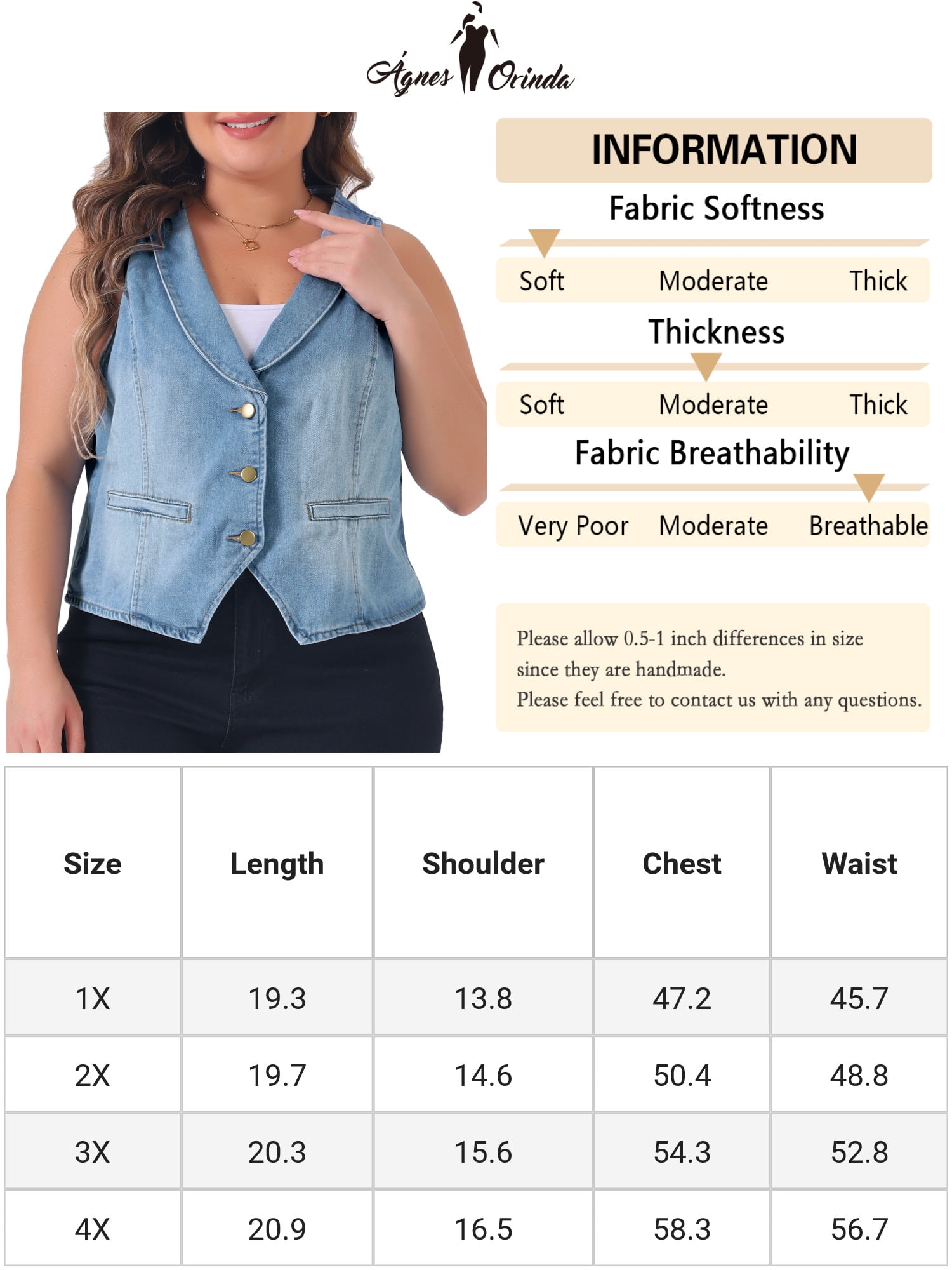 DARING DIVA Women's Plus Size Button Down Waistcoat Denim Vest 2X Light Blue