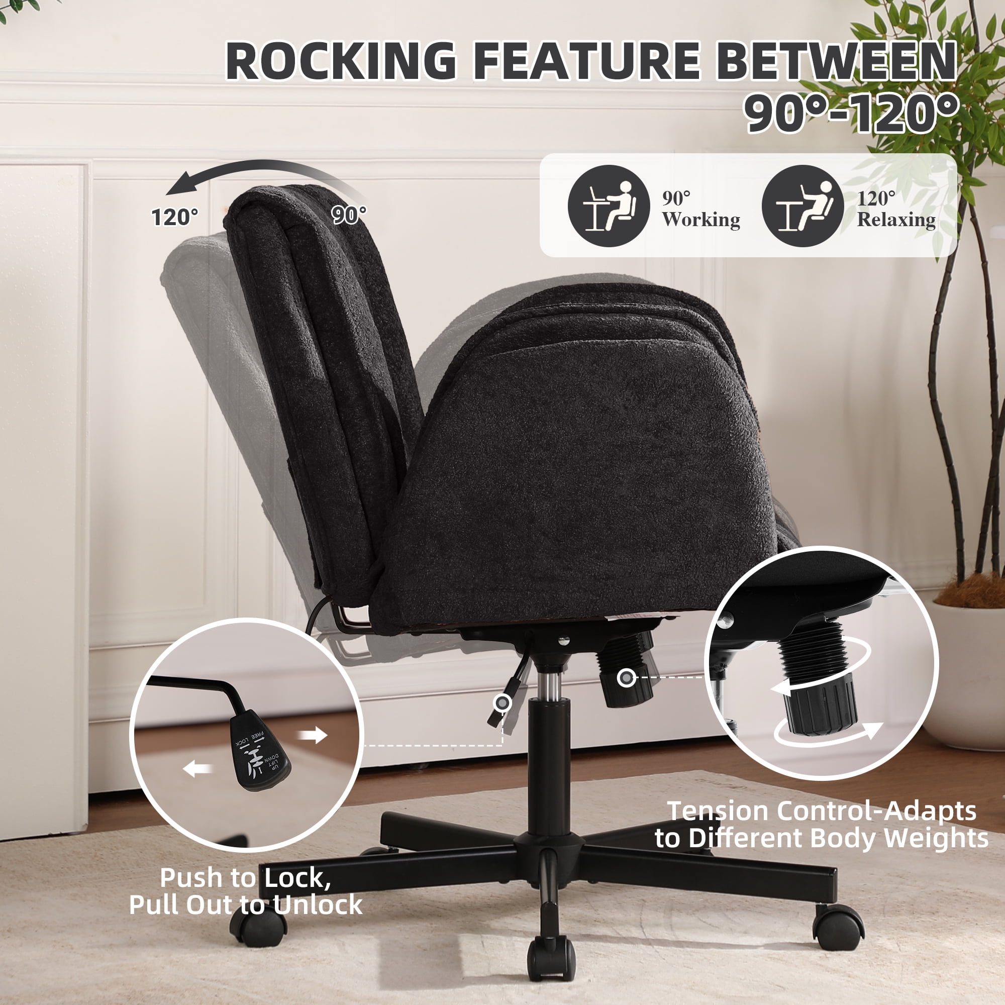 Cross Legged Office Chair with Wheels & Dynamic Airbag Lumbar Support, Criss Cross Wide Seat, 5-Position Fold-Down Armrests, Swivel Vanity Chair for Home Office, Black