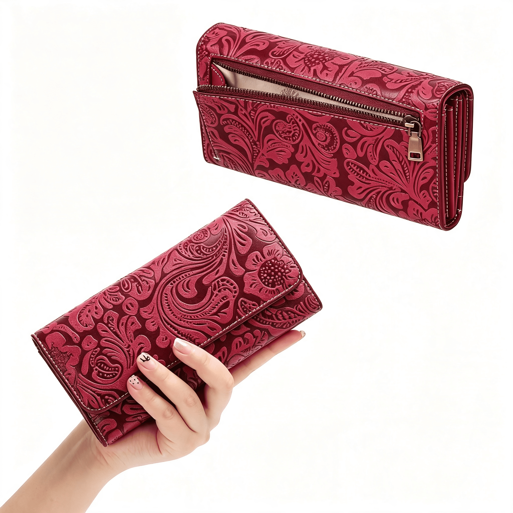 GASTROPOD Leather Wallets for Women Rfid Blocking Western Clutch Red | Embossed Design,Trifold,Large Billfolds,Vintage Flower,Ladies Purses with Zipper Coin Pocket