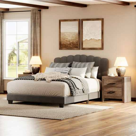 WAMPAT Farmhouse 3-Piece Queen Size Bedroom Set, Wood Bed Frame with Adjustable Upholstered Headboard & Matching Set of 2 Modern Nightstands with 4 Drawers