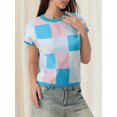 thumbnail image 6 of Michellecmm Women's Knitted Tops Ribbed Checkered Round Neck Short Sleeve Contrast Color Casual Crop T-Shirt, 6 of 9