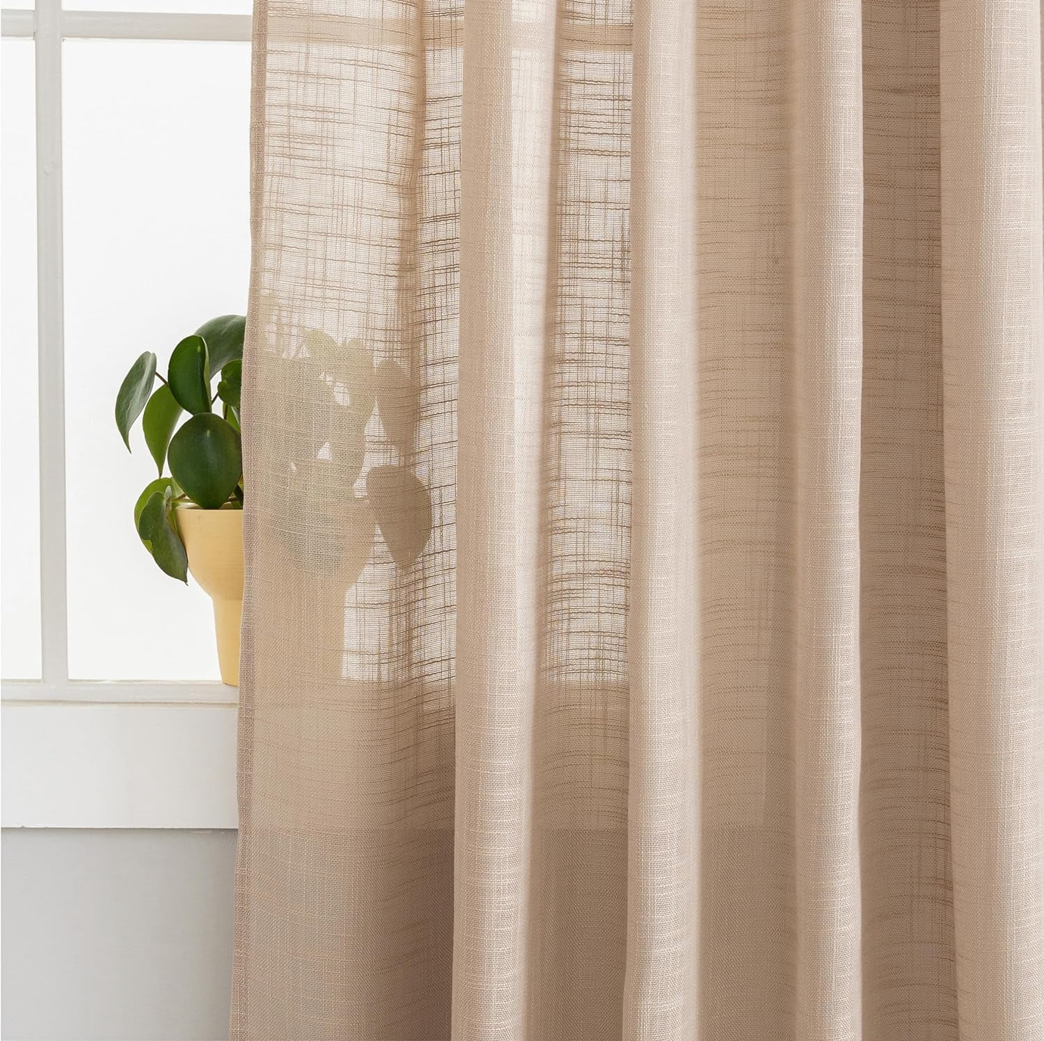 Bailu Linen Semi Sheer Curtains Tab Top Light Filtering Elegant Curtains & Drapes for Bedroom (Tan, W52 x L63, 2 Panels)