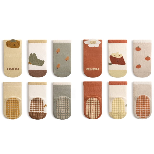 Laklulu 6 pares de calcetines tobilleros con agarre para bebé, calcetines antideslizantes para bebé, calcetines de invierno gruesos y cálidos para niño, calcetines con agarre para bebé, niño y niña,