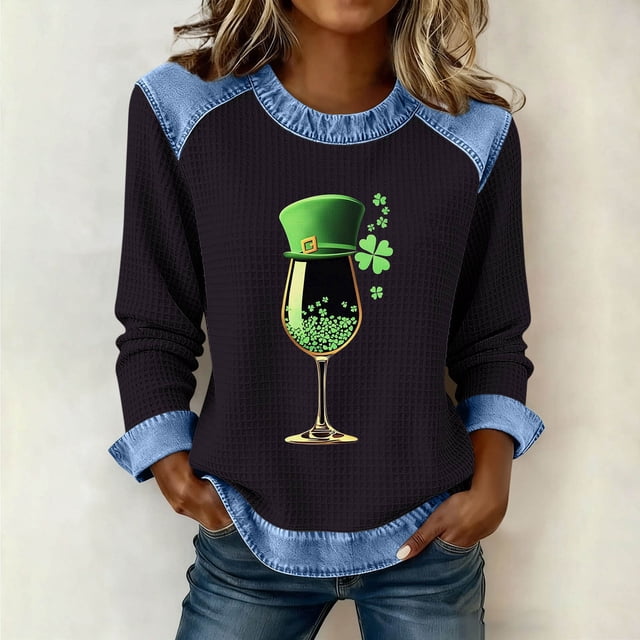 TaTaai Ladies Crew Neck St Patrick's Day Print Waffle Knit Top Denim Panel Long Sleeve Casual Solid Color Fashion Shirt for Daily Wear Gift
