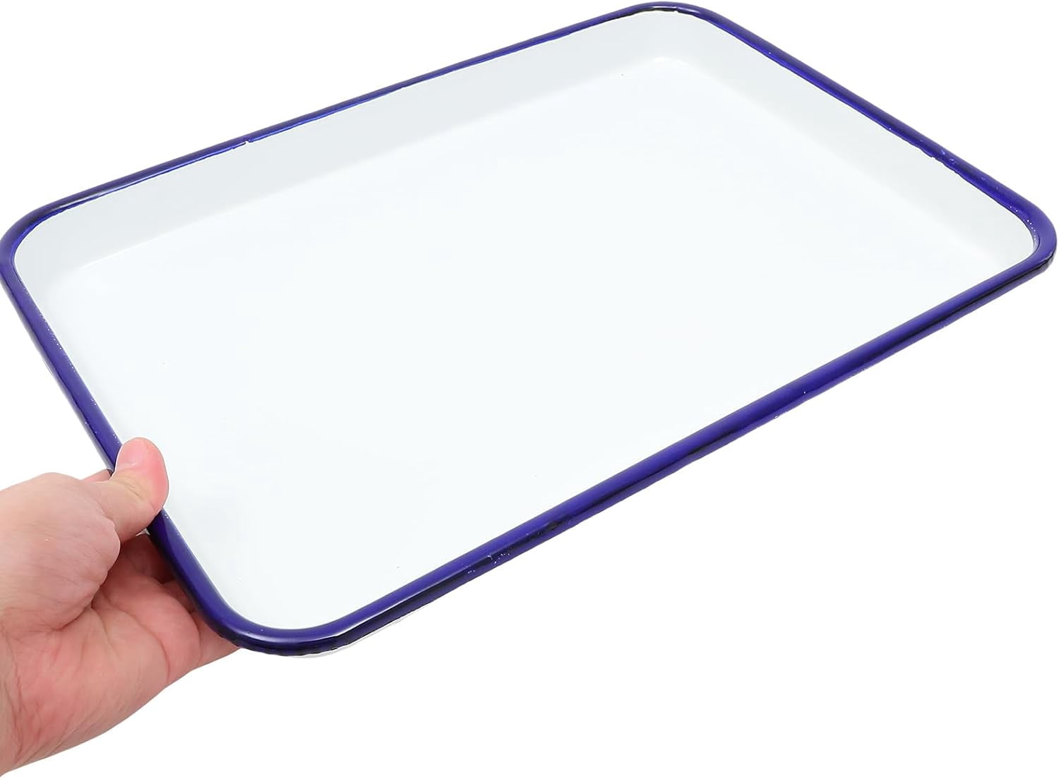 ABCISI Enamelware Tray White Paint Palette Blue Rim Rectangular Enamel Watercolor Palate 7.1 x 10.2 Inch Vintage Baking Cookie Pan for Art Painting Food Storage Home