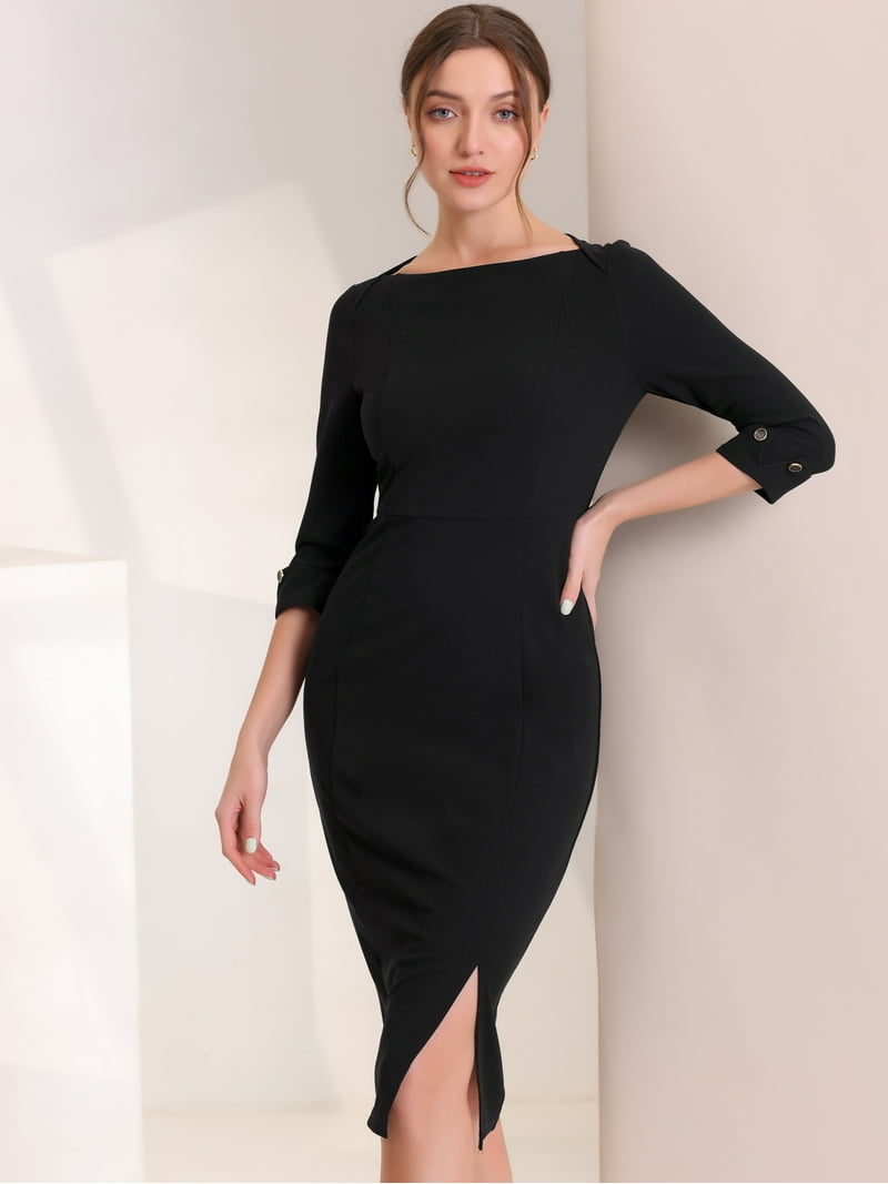 Daring Diva Elegant Boat Neck 3/4 Sleeves Midi Split Sheath Dress S Black