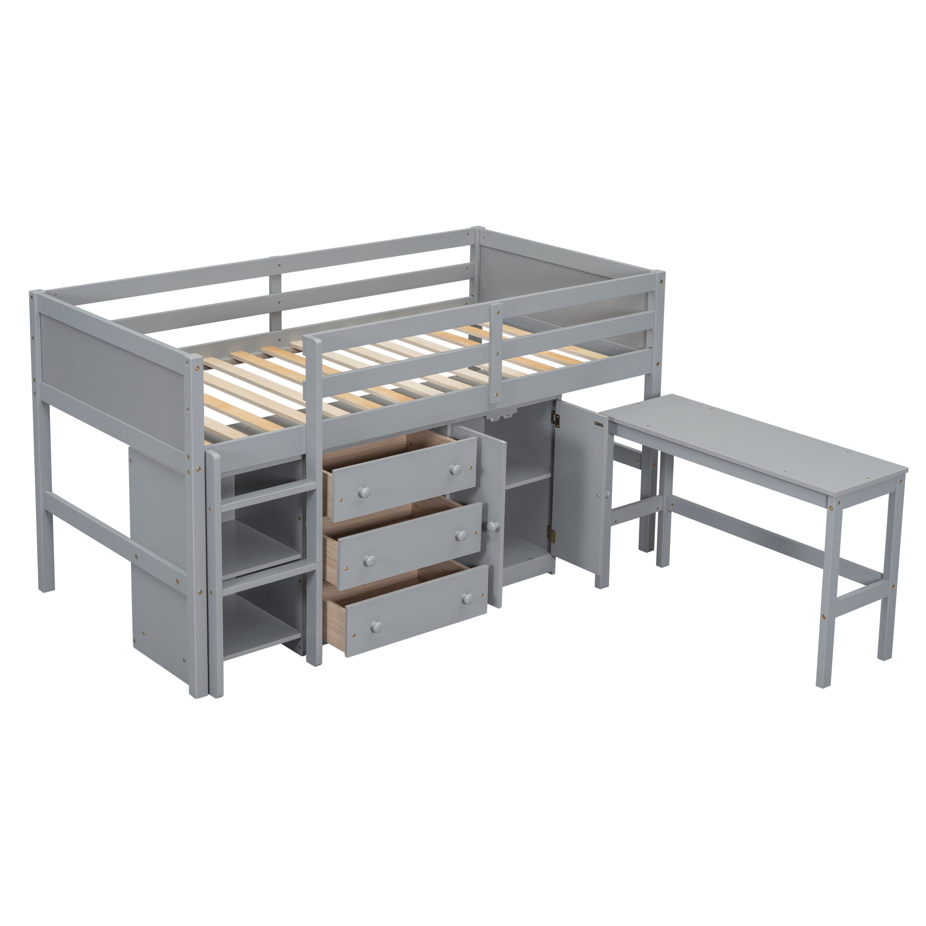 Euroco Wood Twin Size Loft Bed Frame with Drawers, Portable Desk and Shelves for Kids