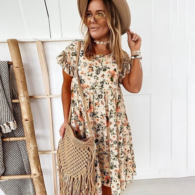 HKEDES Robe Midi d'Été Florale pour Femmes, Robe Mini à Manches Courtes avec Volants et Papillon