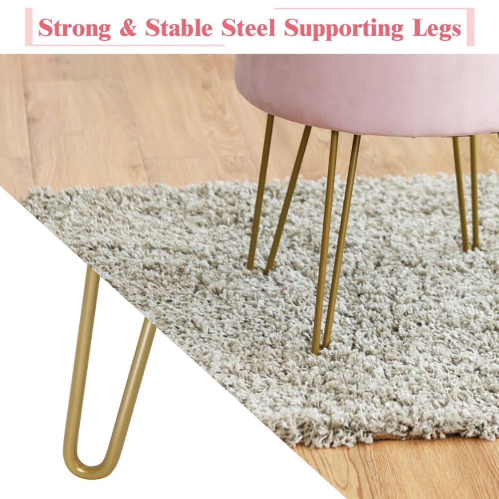Finihen Round Velvet Storage Ottoman, Footrest Stool, Vanity Chair with Metal Legs, for Living Room, Bedroom, Pink Finihen Round Velvet Storage Ottoman, Footrest Stool, Vanity Chair with Metal Legs, for Living Room, Bedroom, Pink