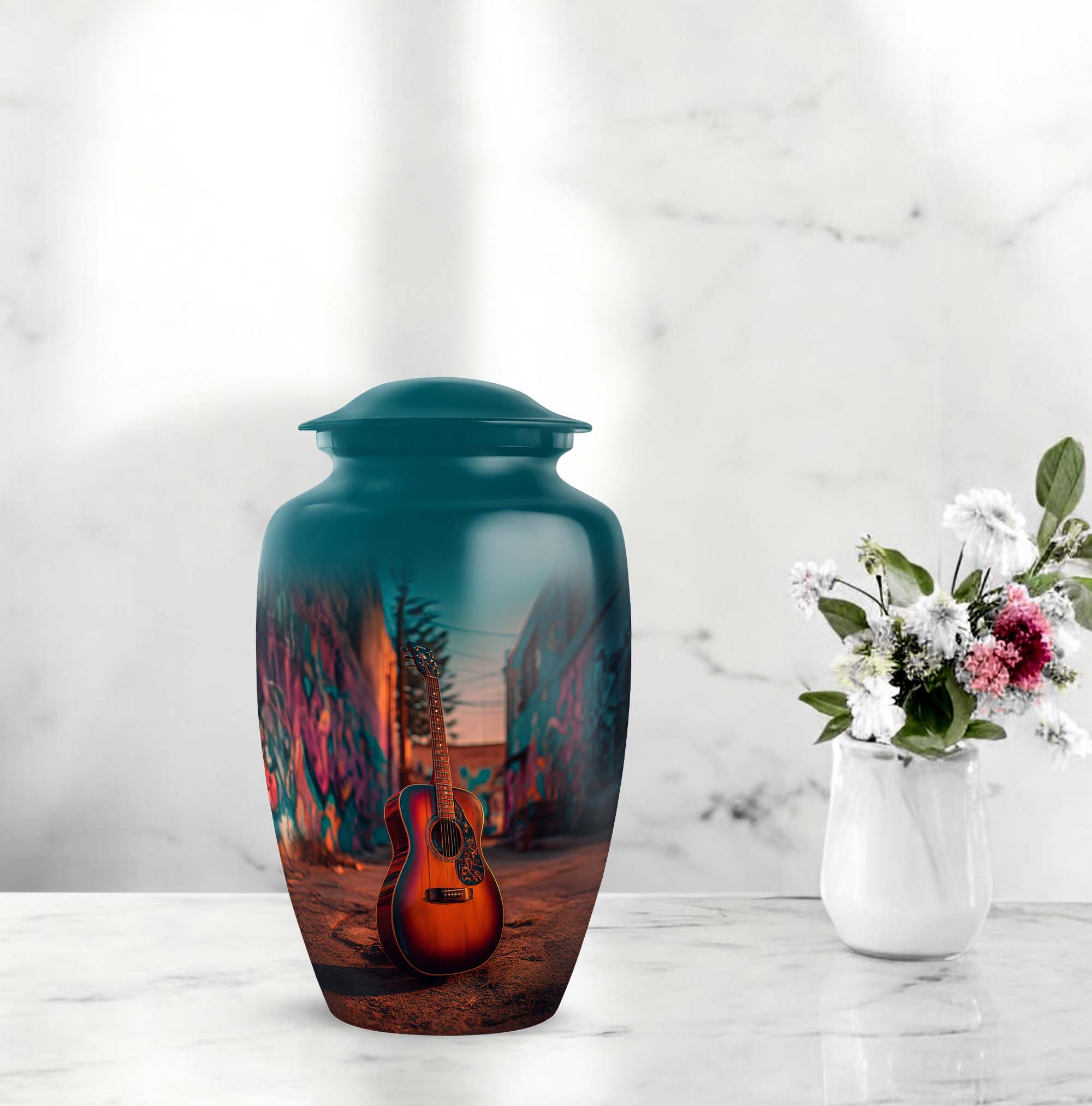 Guitar Keepsake Cremation Urns For Ashes Adult Female Mom And Dad - Pink Urns For Human Ashes Male And Female, 1 Large 10 Inch, With 4 Keepsake Set, 3 Inch - Blue Urn For Boy & Girl