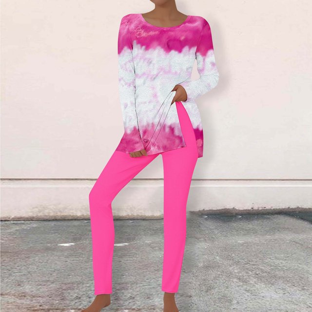 Puntoco Conjunto De Camiseta Y Pantalones Largos Con Cuello Redondo Y Manga Larga Con Estampado Informal Para Mujer, Color Rojo Rosa Xl
