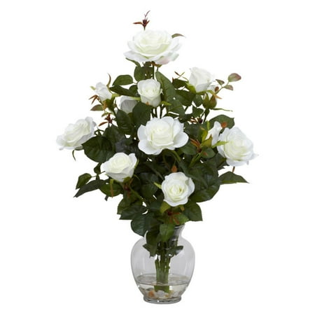 Rose Bush Silk Flower Arrangement with Vase, White