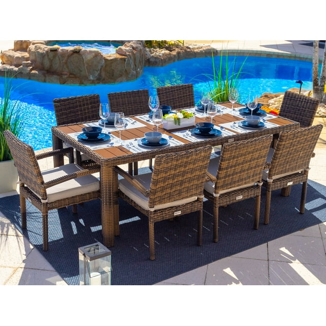 Tuscany 9-Piece Resin Wicker Outdoor Patio Furniture Rectangular Dining Table Set in Brown w/ Dining Table and Eight Cushioned Chairs… (Half-Round Brown Wicker, Polyester Light Gray)