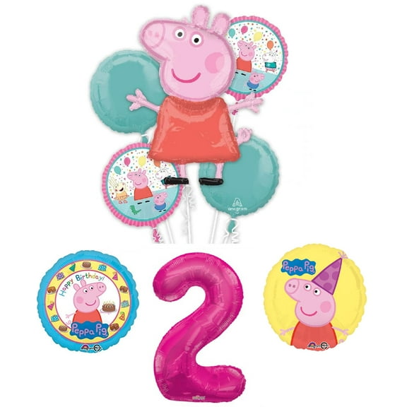 Peppa Pig 2nd Birthday Party Balloon Bouquet Bundle, for 2 Year Old, Includes 8 Balloons