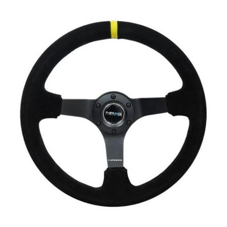 NRG Reinforced Steering Wheel (350mm / 3in. Deep) Blk Suede/X-Stitch w/5mm Blk Spoke  Yellow CM