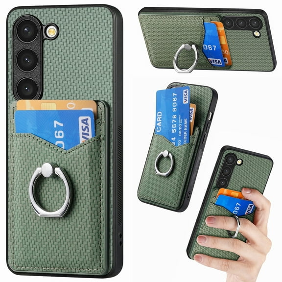 Allytechgroup Cards Holder Wallet Case for Samsung Galaxy S24 FE, PU Leather Slim Fit Shell Vintage Cards Slots Ring Holder Stand Easy Grip Phone Case for Samsung Galaxy S24 FE, Green
