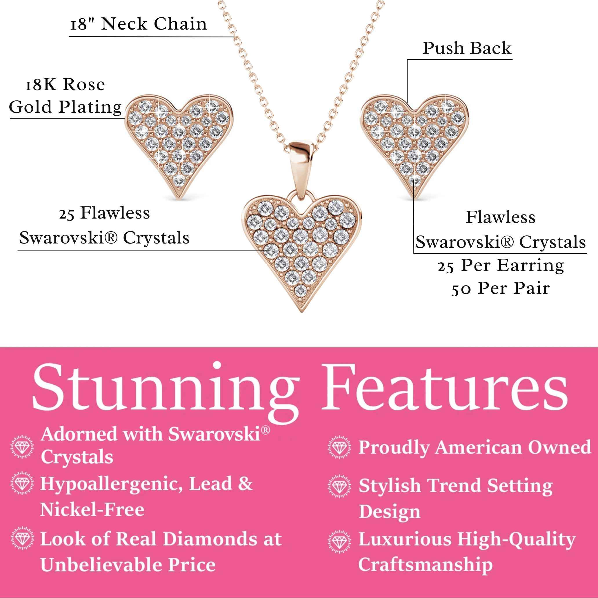 Cate & Chloe Cecilia 18k Rose Gold Plated Jewelry Set with Swarovski Crystals for Women