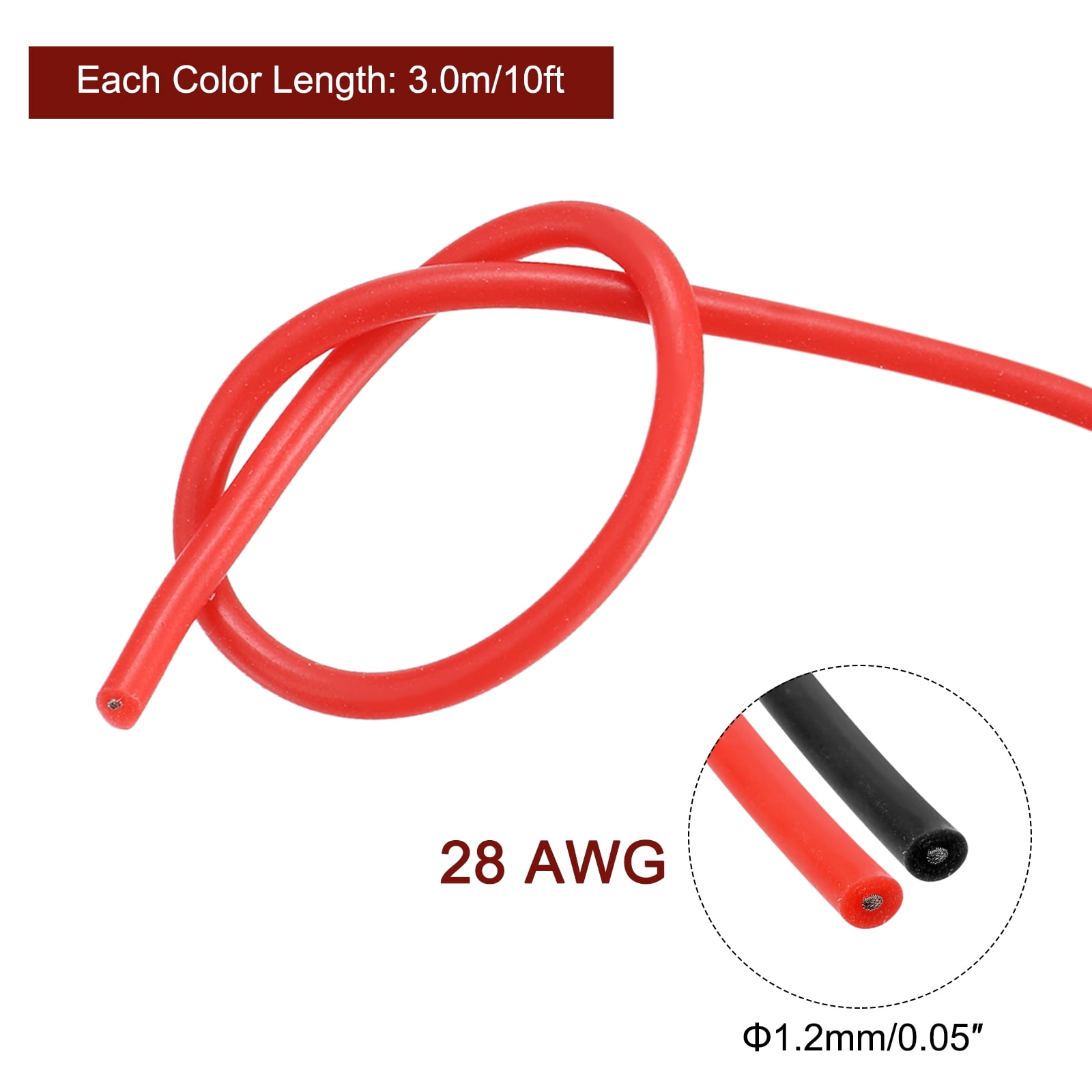 28 Gauge Silicone Wire 28AWG Stranded Wire Tinned Copper Wire High Temp Wire Black/Red 3.0m/10ft 2pcs