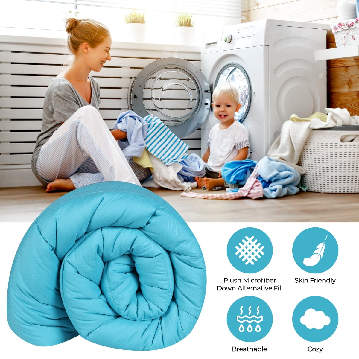 Superior Basketweave Plush Down Alternative Comforter, Full/Queen, Winter Blue