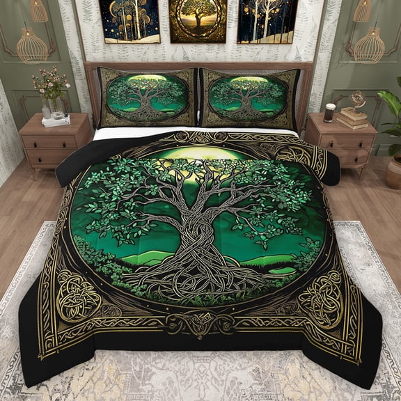 Erosebridal Bohemian Tree of Life Full Size Comforter Sets, Black Gold Green Bedding Sets, Black Reversible, 1 Comforter and 2 Pillowcases